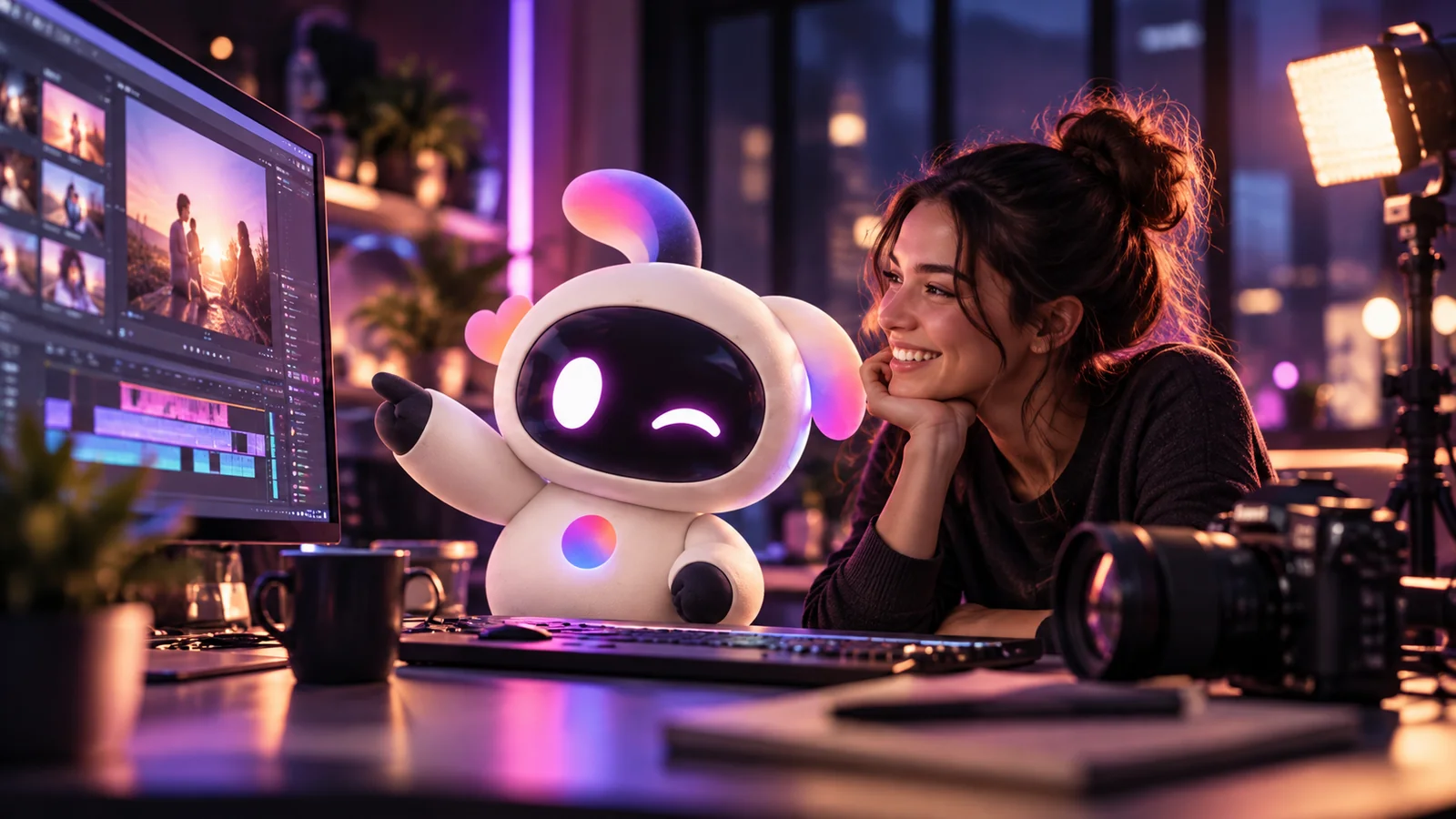 Imagen conceptual de un estudio audiovisual creativo con la mascota ContrasteLab junto a una editora