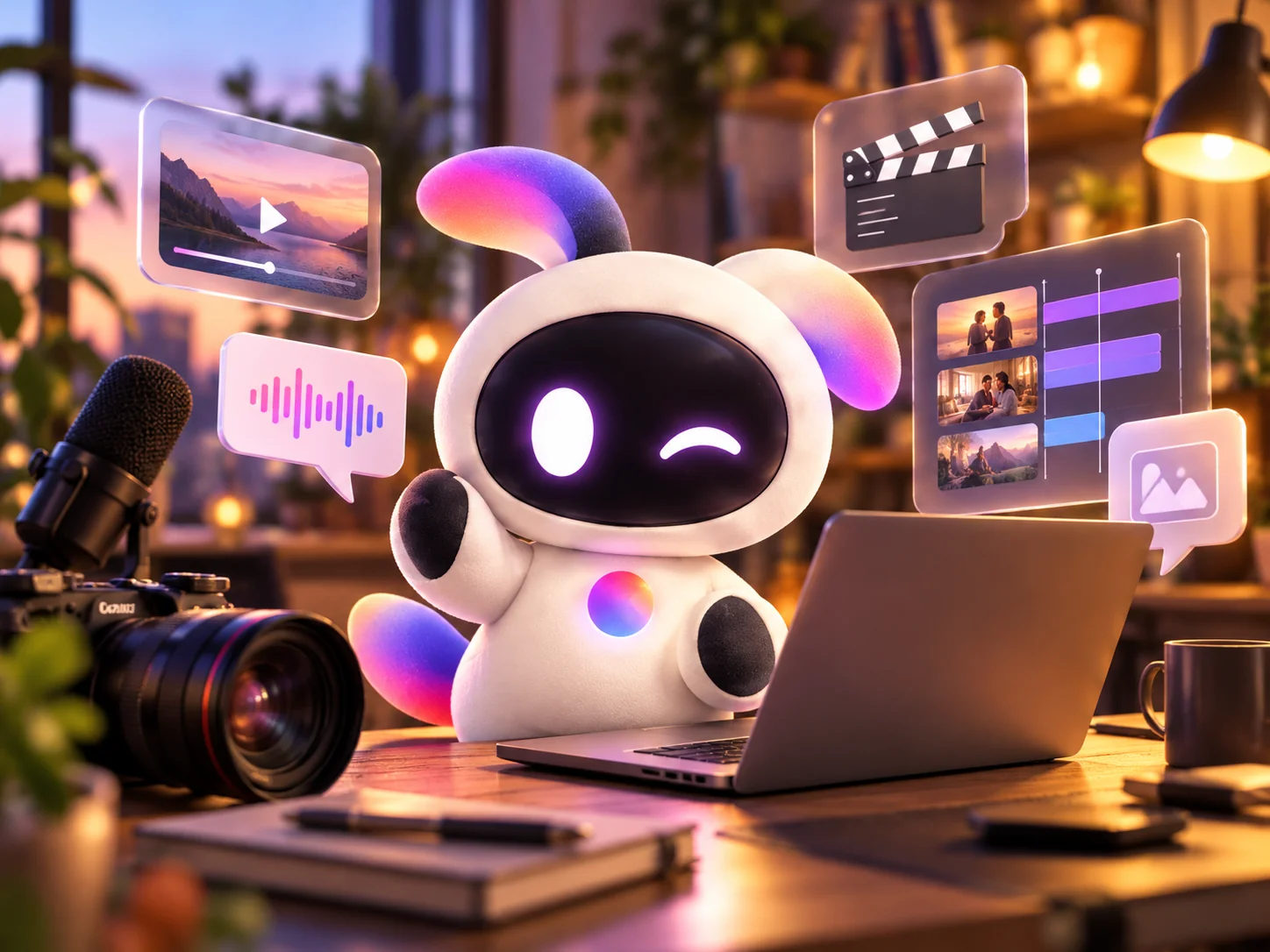 La mascota original de ContrasteLab en una escena creativa de producción audiovisual