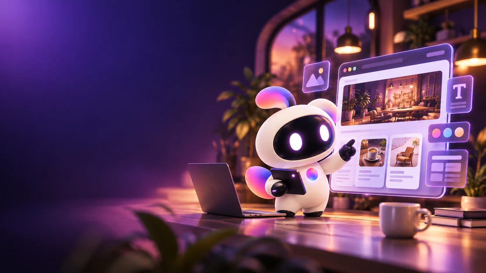 Ilustración de la mascota original de ContrasteLab creando una presencia digital en un estudio creativo
