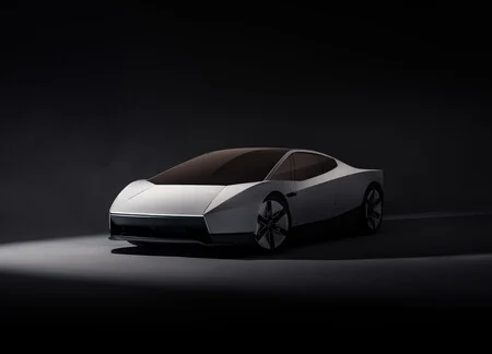 Coche deportivo blanco minimalista sobre un fondo de estudio oscuro